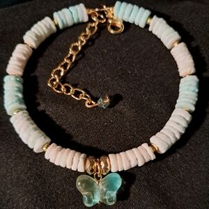 Handmade White And Blue Shell Bracelet With Butterfly Charm, Memory Wire